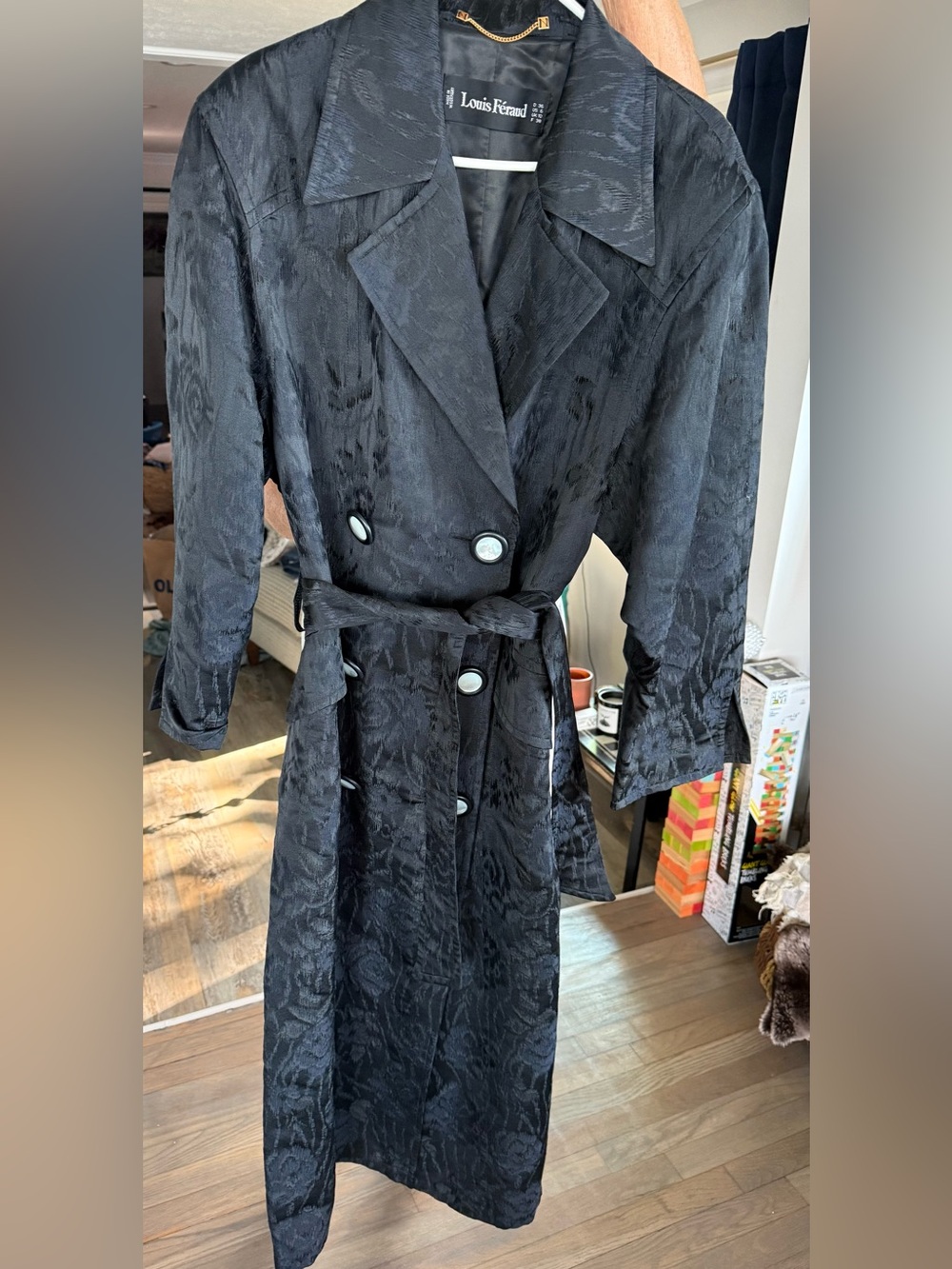 Louis Féraud Black Jacquard Trench Coat Size Medium Like New